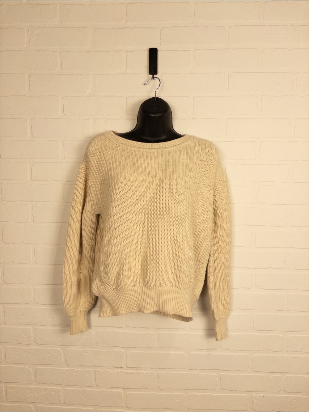 GAP Womens Cream Ribbed Knit Fisherman Crewneck Pullover Sweater Size XS